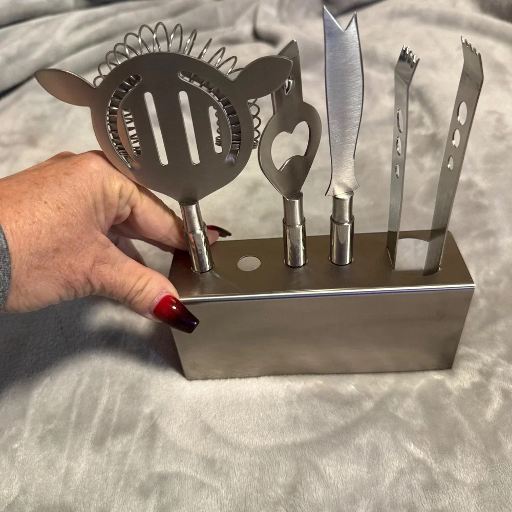 New Stainless Steel Bar Tool‎ Set w/ Stand – Strainer, Knife, Opener & Ice Tongs